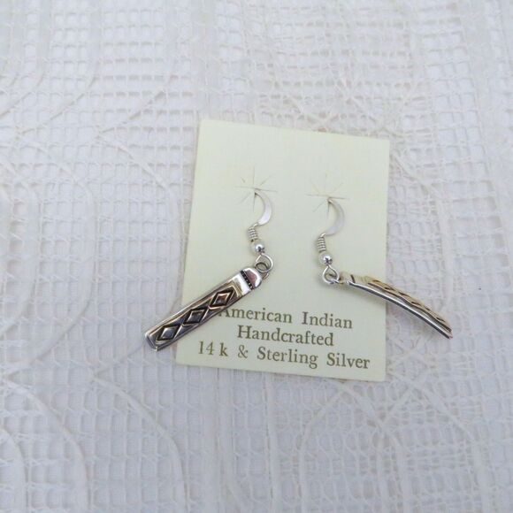 Vintage Gold and Sterling Earrings Silver Native American Made Dangle Story Book - Picture 10 of 10